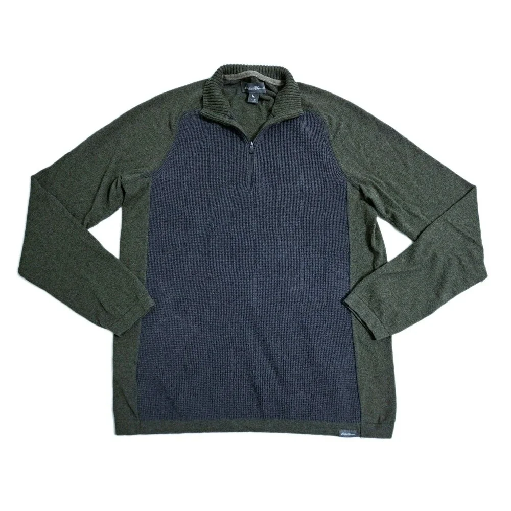 Eddie Bauer Merino Wool Blend Zip Pullover Knit Sweater Men's Medium Green Gray